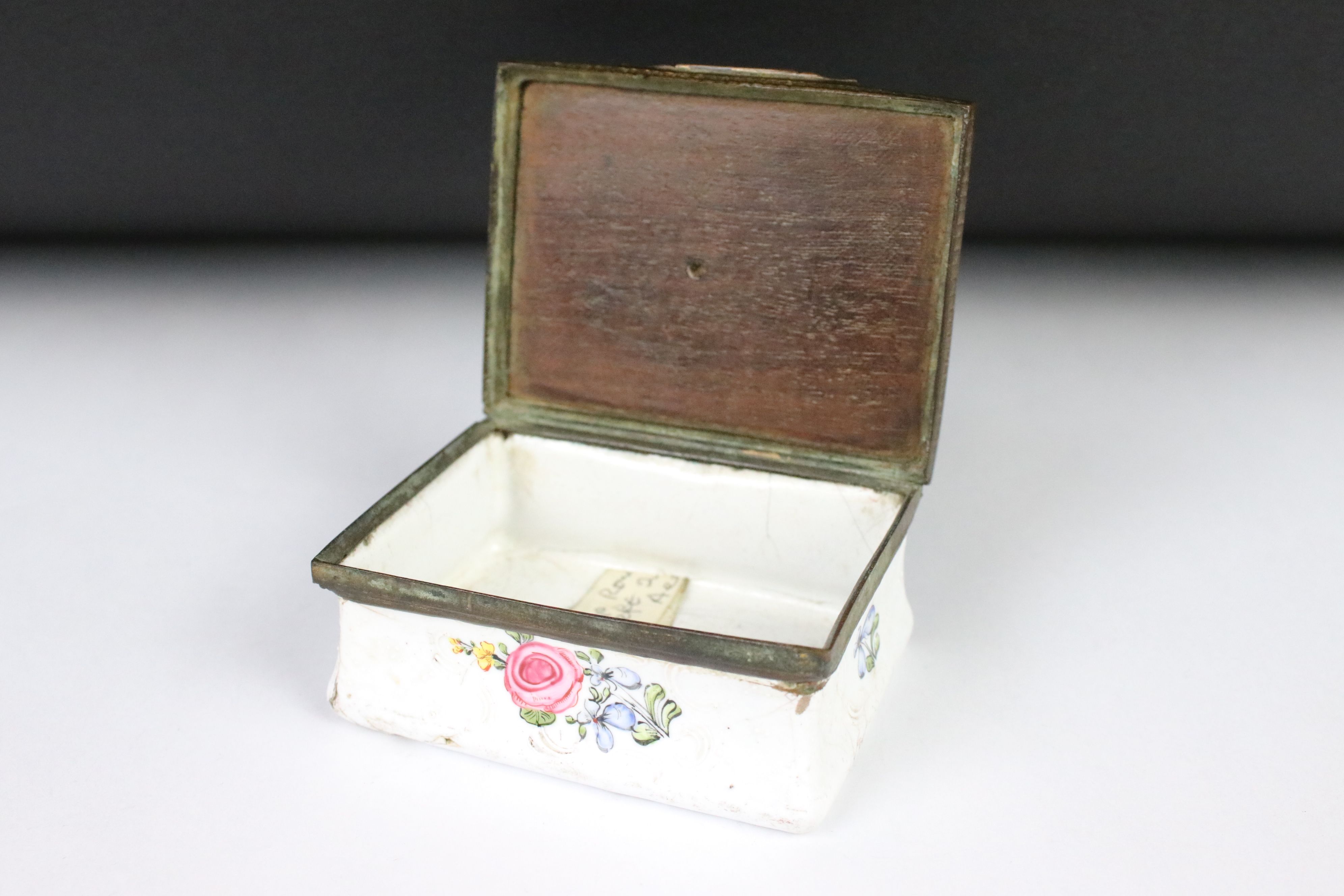 An antique enamel trinket box with floral decoration an decoratively inlaid wooden lid, initialed - Image 2 of 5