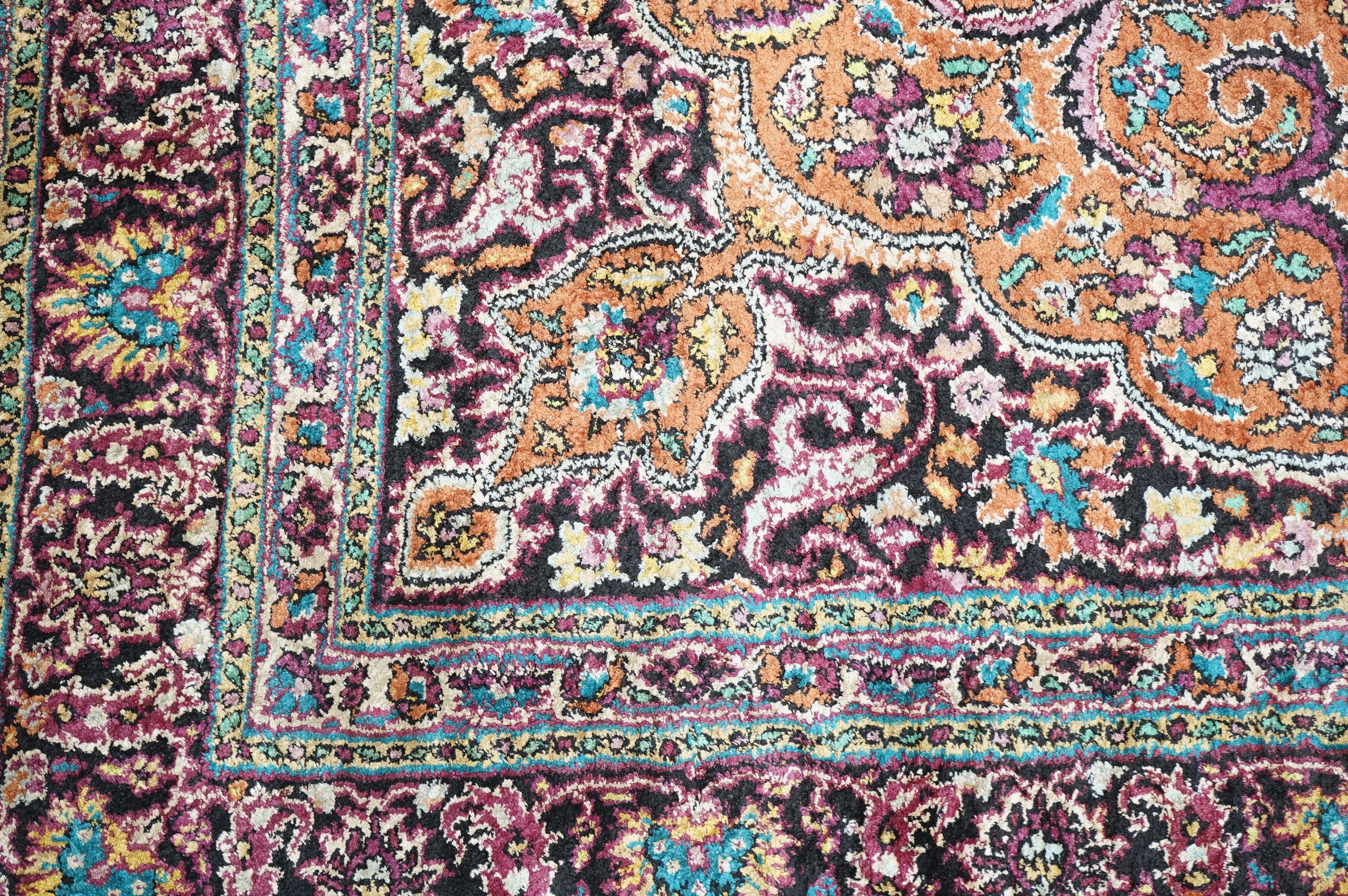 Indian Silk Kashmir Rug decorated with a central cartouche and a dense floral pattern within a - Image 3 of 8