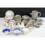 Studio pottery coffee set with blue Asian character-style decoration (coffee pot & cover, 5 cups &