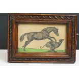 Painted pencil drawing of foal and greyhound with monogram.