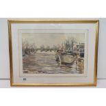 H.Rimmer watercolor of the River Thames scene titled Bushnells boats and bridge, 33.5 x 50.5cm, gilt