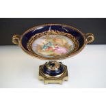 19th Century French porcelain tazza with hand painted central panel depicting a courting couple (