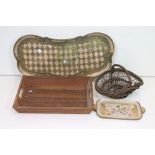 A small group of collectables to include a whicker basket and three trays of various designs.