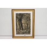 Woodland scene, charcoal, signed lower right 'R.H. July 1915', 52 x 35cm, gilt framed