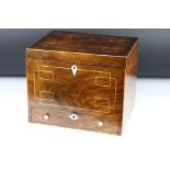 19th century mahogany table top work box with satin wood stringing and drawer to base, measures