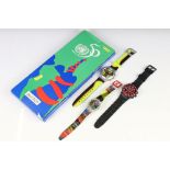 Four swatch watches including limited edition Irony Diaphane Chronograph, Boxed 50th anniversary
