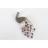 A large silver marcasite peacock brooch set with ruby cabochons.