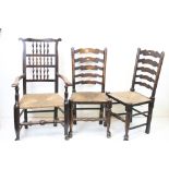 Two 19th century Ash Lancashire Elbow Chairs with spindle backs and rush seats, largest 61cm wide