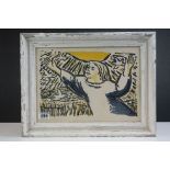 Framed and glazed artwork depicting a girl with the Doves of Peace, approx, 27cm x 37cm, framed