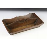 Antique Oak Shaped Two Section Cutlery Tray with pierced carrying handle, 38cm long
