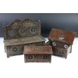 Small carved oak settle, with acorn shaped finials and lift up seat, 34cm long together with a