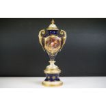Coalport twin-handled urn & cover (pattern no. 7540) with hand painted panel of still life fruit (