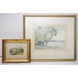 William Barnes watercolor of a riverview, 9 x 14cm, framed together with a watercolor of a Thames