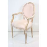 French style Limed Beechwood Framed Open Elbow Chair with pale pink upholstery, 59cm wide x 95cm
