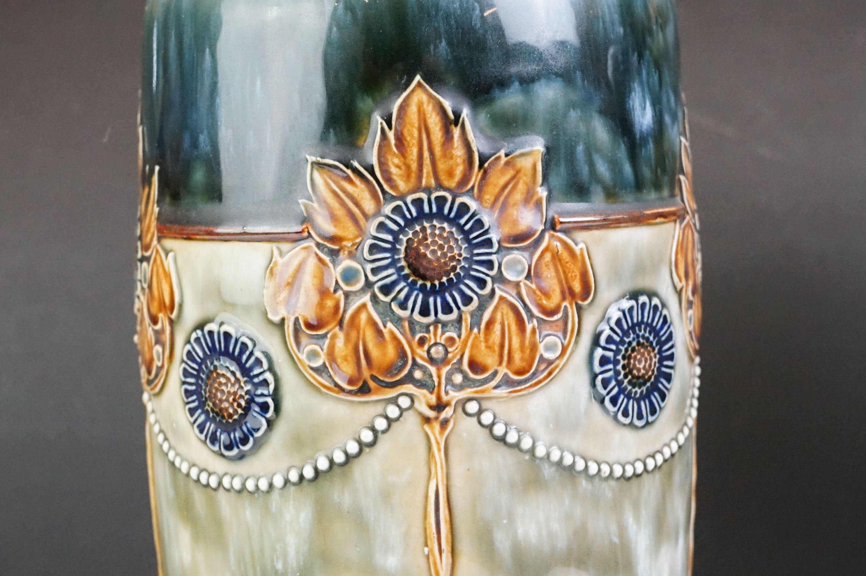 Pair of Royal Doulton Art Nouveau vases of tapering form, relief decorated with stylised flowers, - Image 4 of 8