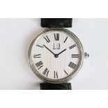 Gents silver Dunhill dress watch on black leather strap with silver clasp.