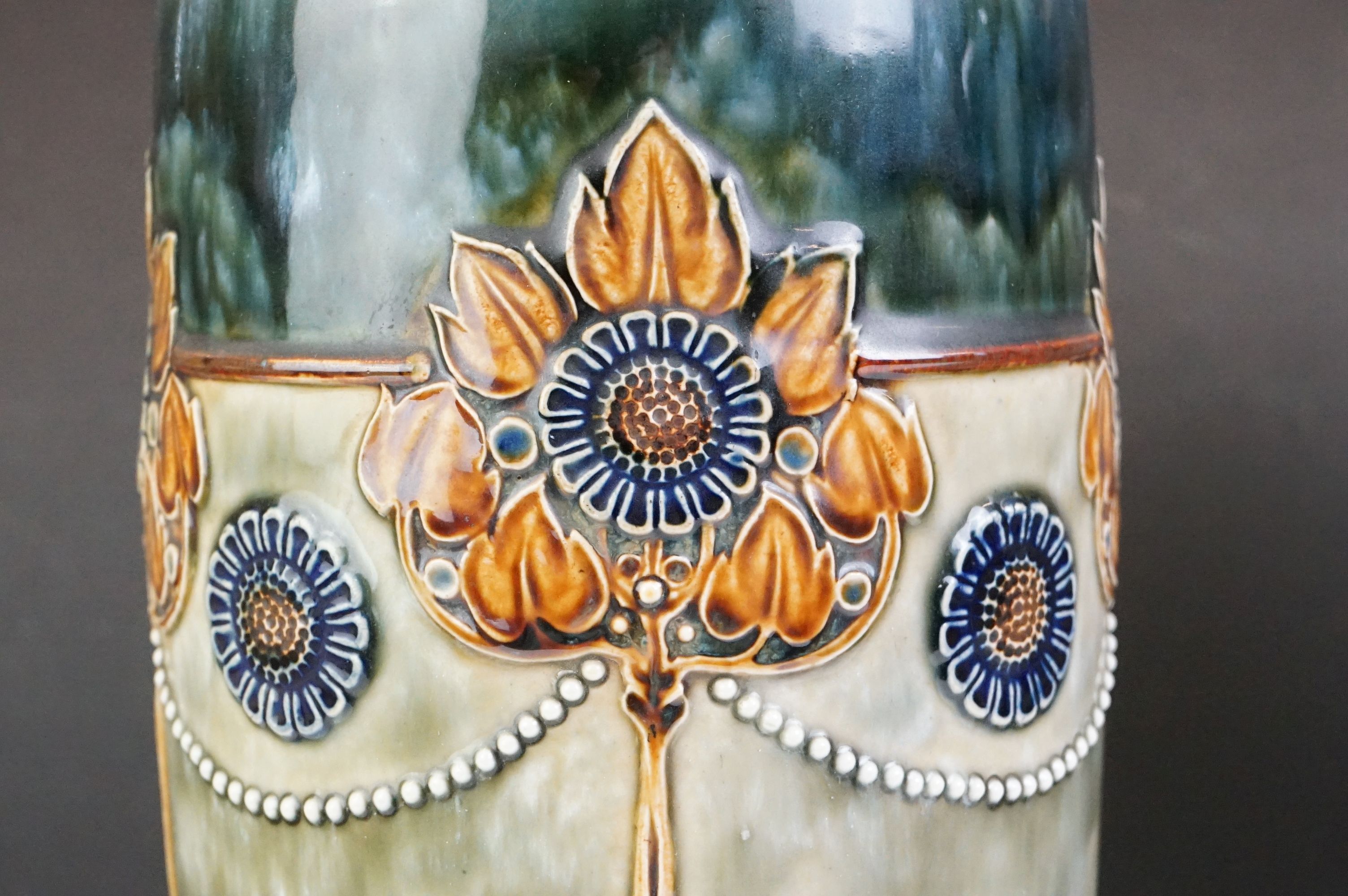 Pair of Royal Doulton Art Nouveau vases of tapering form, relief decorated with stylised flowers, - Image 3 of 8