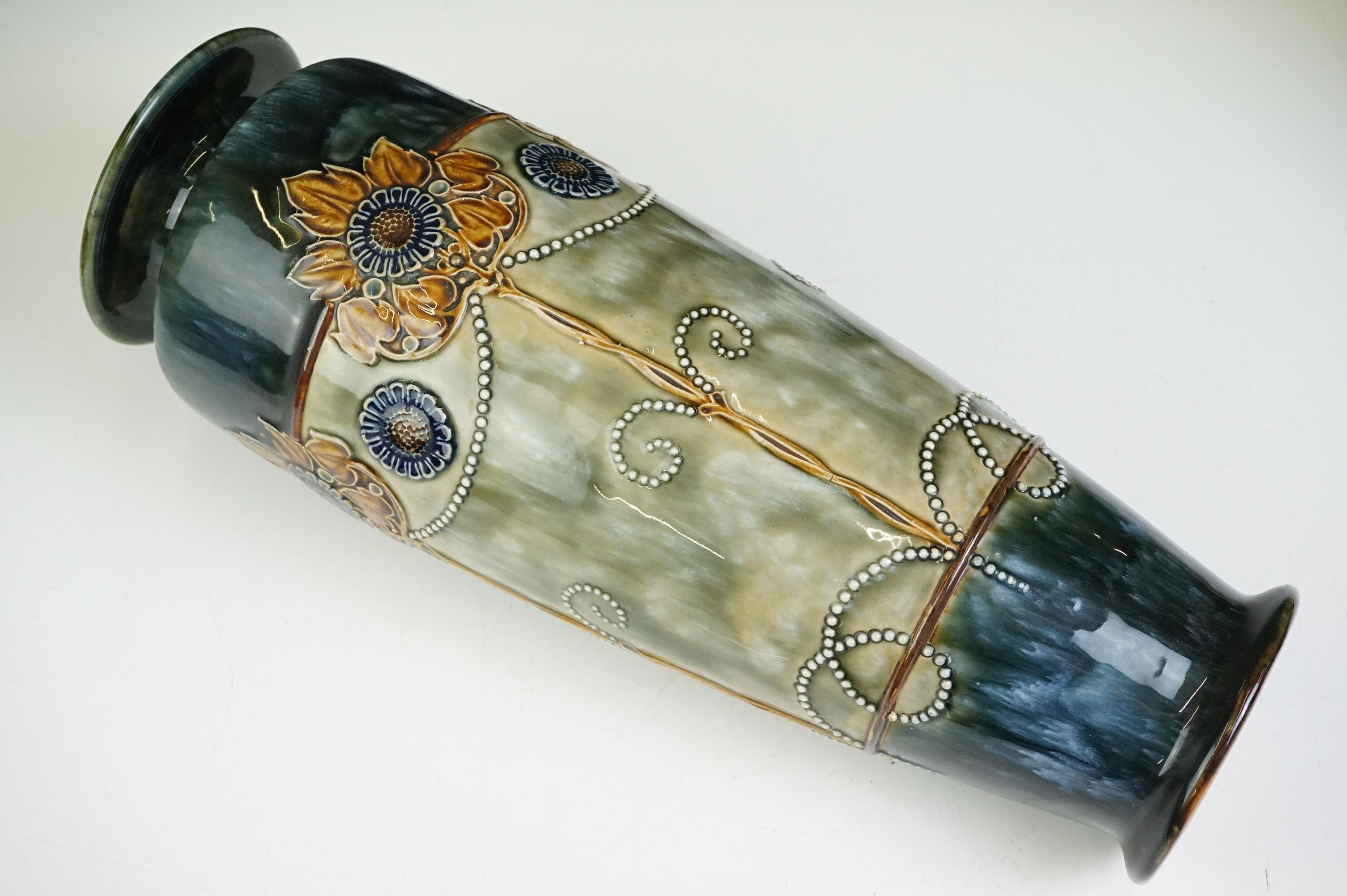 Pair of Royal Doulton Art Nouveau vases of tapering form, relief decorated with stylised flowers, - Image 6 of 8