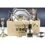 Box of silver plate, brass wear to include table lamps, copper trays and plated trays etc