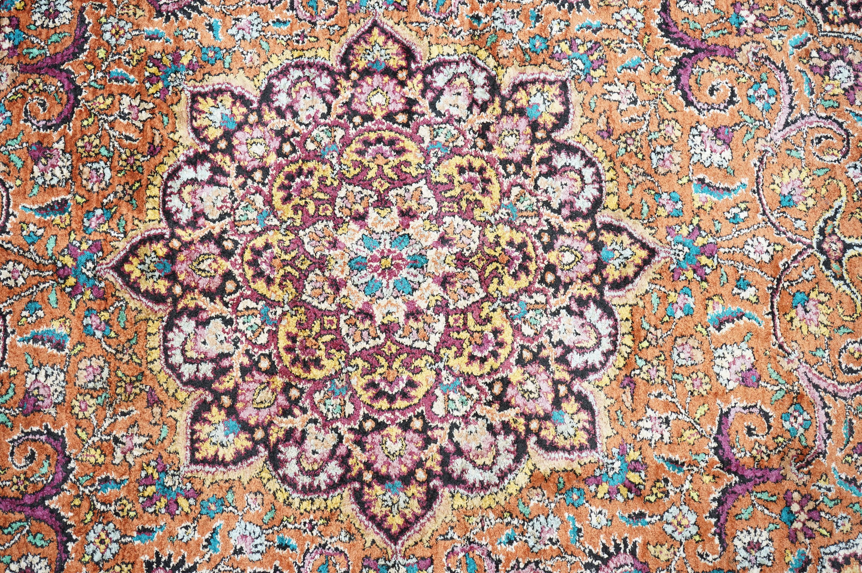 Indian Silk Kashmir Rug decorated with a central cartouche and a dense floral pattern within a - Image 2 of 8