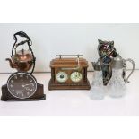 A box of mixed collectables to include a copper kettle and burner, claret jugs, bakelite mantle