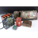 A group of tin plate collectables to include tin boxes, money box and a Wright's Coal Tar Inhaler.