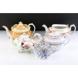 Five 19th Century teapots to include a blue and white transfer printed pot (partial marks to base,