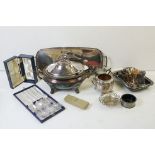 Assorted silver plated table ware to include tureen, Victorian commemorative ship sugar bowl, set of