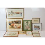 Assortment of painting and prints to include an unsigned watercolour of chickens, E Ward signed