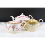 Three 19th Century teapots to include a Victorian Minton Delft teapot with red transfer printed