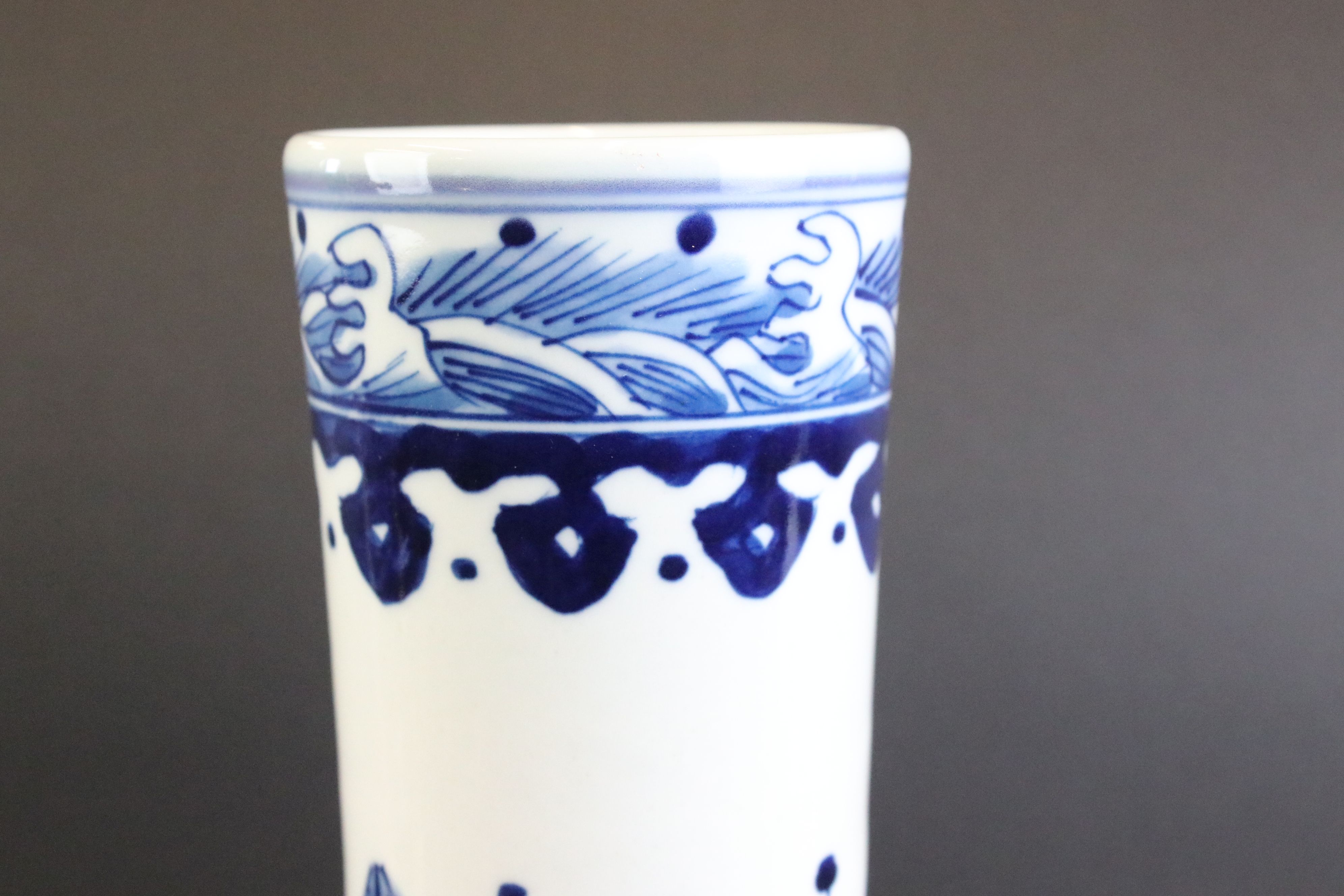 Near pair of Chinese blue and white bottle vases having printed and hand painted landscape scenes to - Image 3 of 6