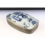 Chinese blue and white porcelain lidded box. The box featuring a hand painted panel with precious