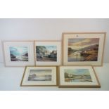 Five works by John L Harris, comprising: ' Reflections, Exe Estuary ', acrylic on board, signed