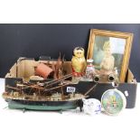Assortment of vintage 20th Century items to include a vintage Smiths noddy clock, glass baby