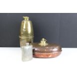 A small collection of mixed metal ware to include a copper foot warmer, brass water bottle and a