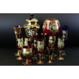 Collection of Continental coloured glassware, to include a ruby glass pedestal vase and cover,