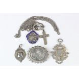A small collection of sterling silver jewellery to include Albert fobs and a victorian brooch.