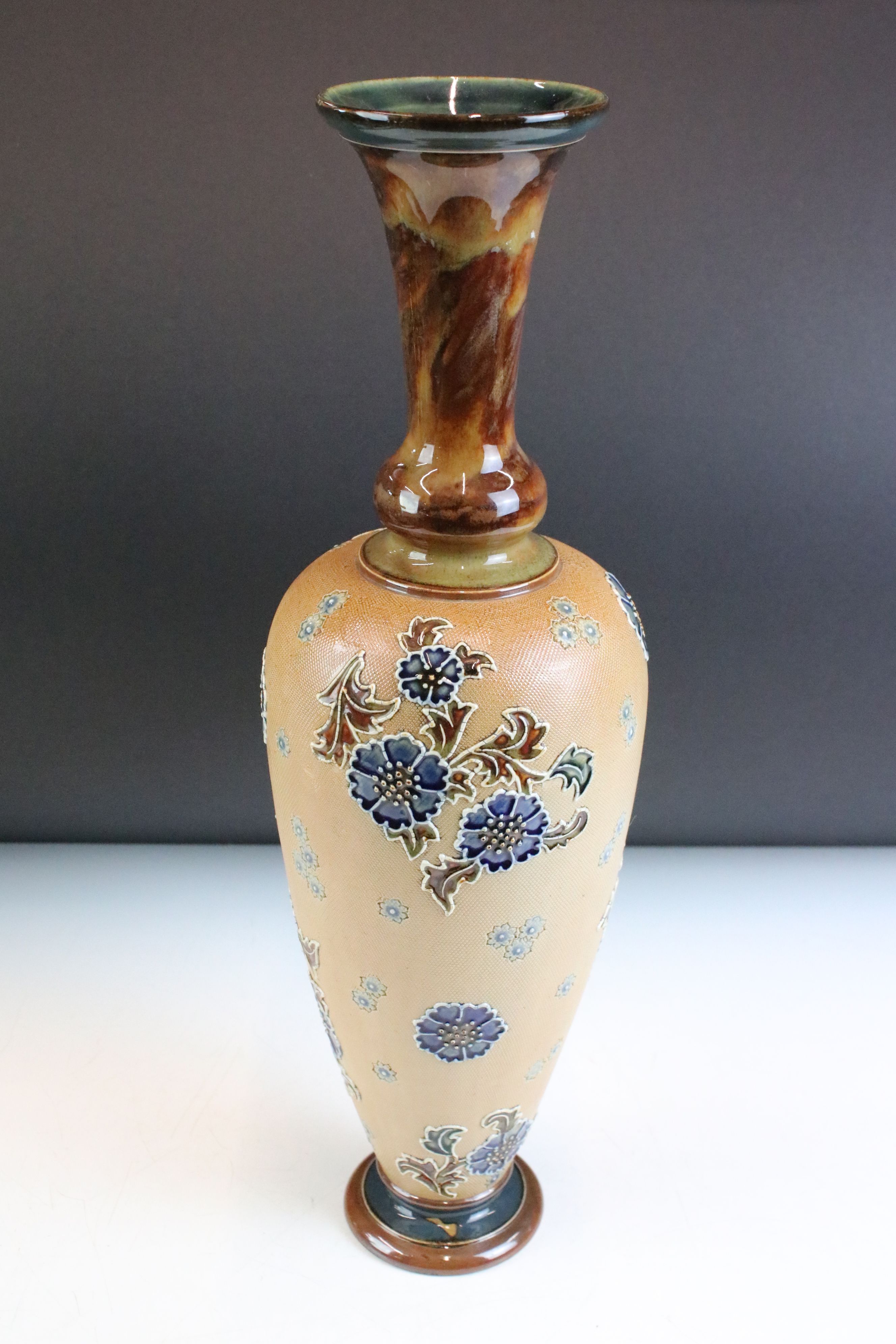 Two antique Doulton vases to include a Royal Doulton ewer jug with a blue drip glaze and gilt panels - Image 6 of 9
