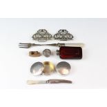 A small group of collectables to include a ruby glass scent bottle, two hallmarked silver pill