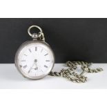 A fully hallmarked sterling silver pocket watch together with white metal Albert chain.