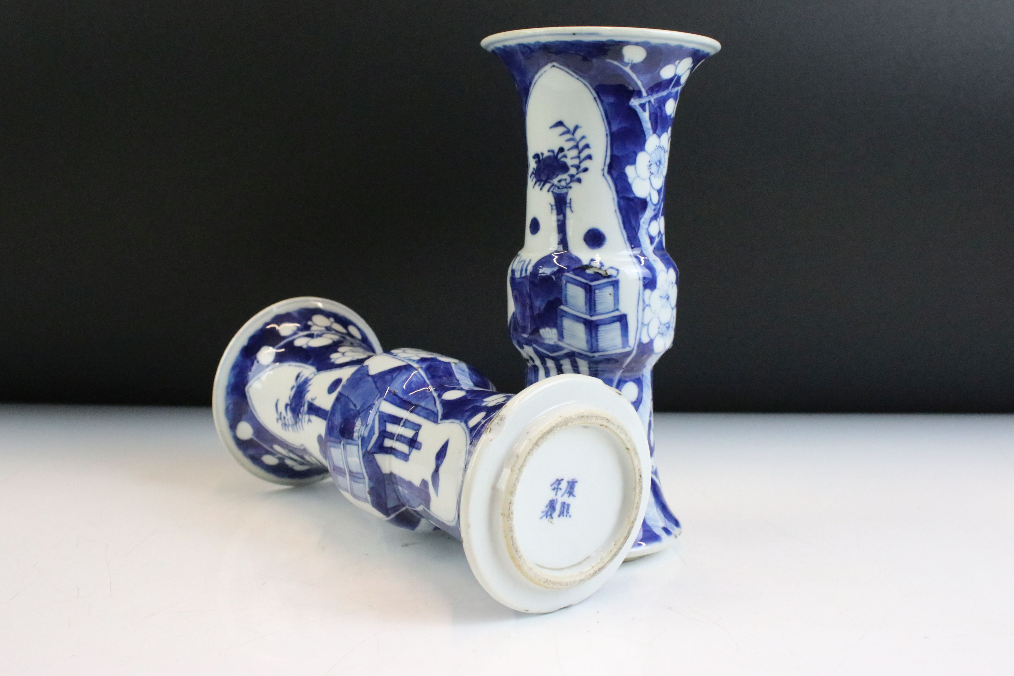 Pair of Chinese blue and white Gu vases being hand painted in the prunus pattern with panelled - Image 5 of 6