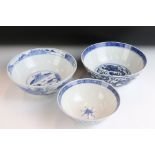 Three Chinese blue and white bowls comprising: a bowl centrally painted with a circular