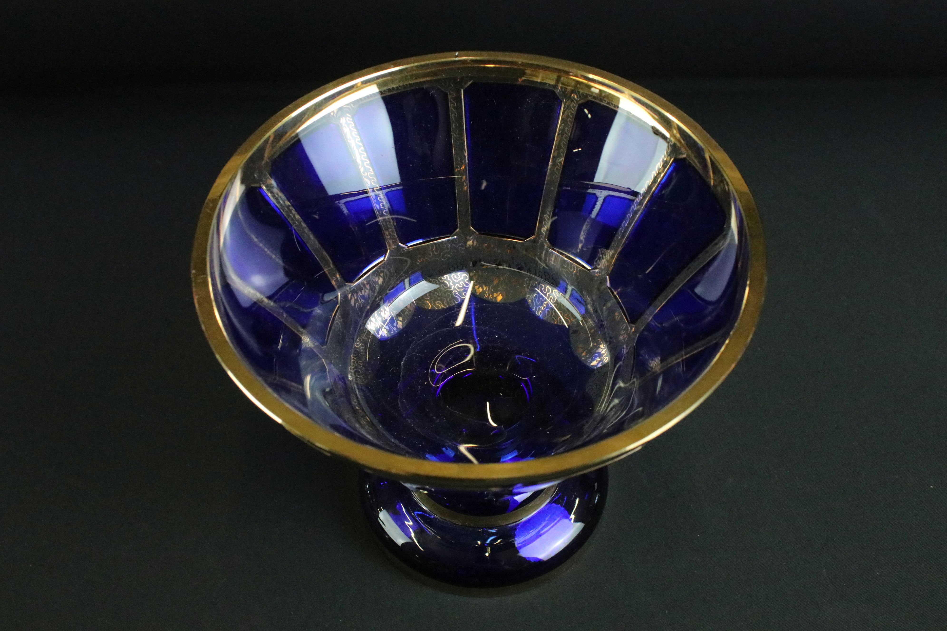 20th Century Bohemian Czechoslovakian footed bowl. The bowl having blue panelled sides raised on a - Image 4 of 6