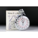 A boxed Prestalux 7 jewel swiss made stopwatch.