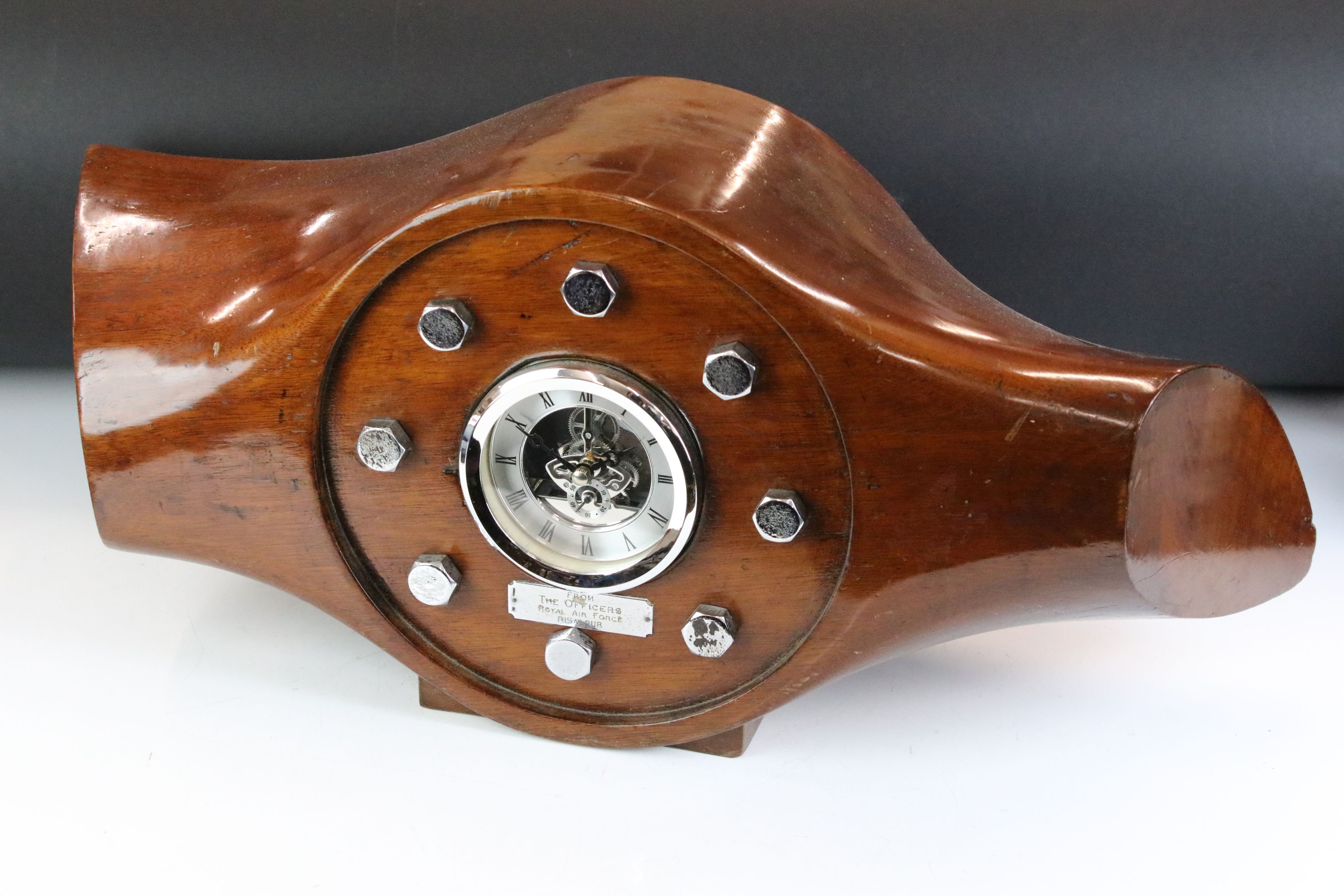 Militaria - A mahogany aeroplane propeller boss clock with central open skeleton silvered dial,