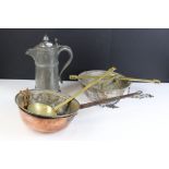 Victorian metalware - to include a pair of balance scales, brass ladle, copper pan and a pewter