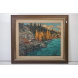 John Dyson, Chilko River, Fall, Indian Fishing Camp, oil on board, 38.5 x 48.5cm, framed (