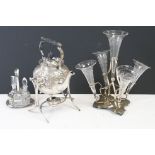 Assortment of silver plates wares to include a teapot and stand with a turned ebonised handle, a