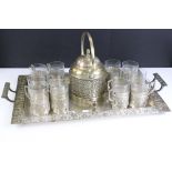 Silver plated tea set with hot water dispenser & cover and 12 etched glasses within silver plated