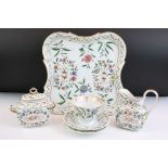 Antique porcelain partial tea service having hand painted florals with gilt rims to include tray,